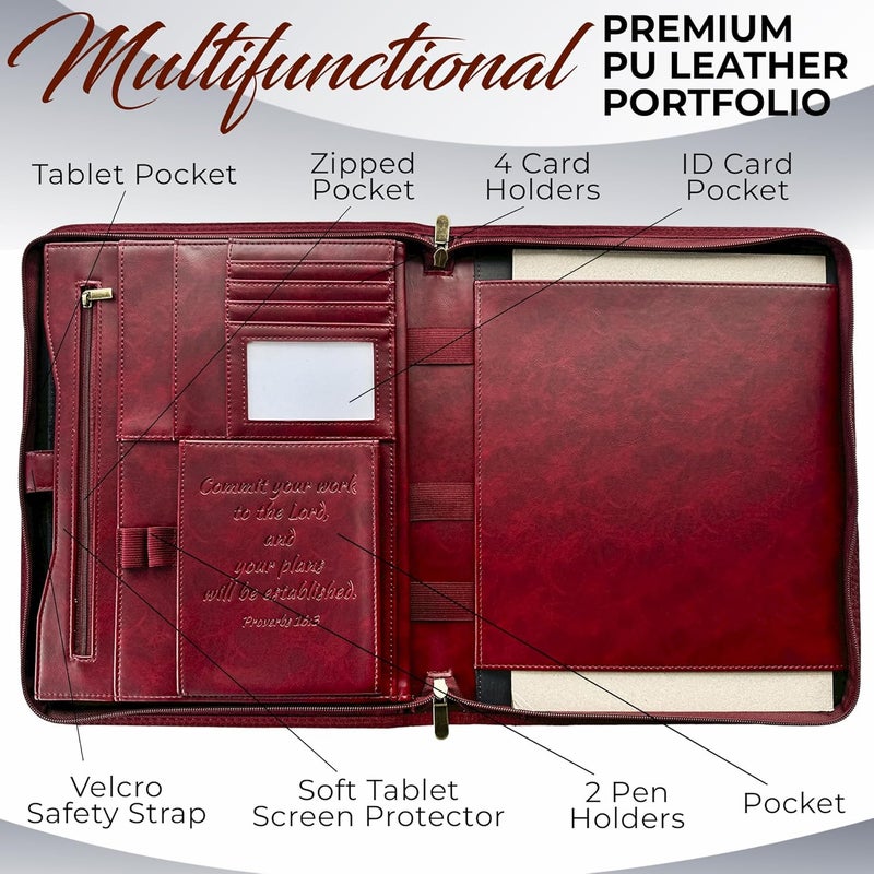 DEHITE Leather Portfolio for Men and Women - Christian Religious Gifts - Padfolio with Laptop Pocket - Letter Size Organizer for Bible Notebook Notepad - Cherry Full Grain Zipper Binder - Image 3